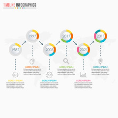 Timeline infographics template with 6 circles and arrow. 6 steps, options, levels or processes. Business presentation concept. Workflow layout, diagram for web design. Vector illustration.