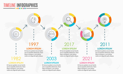 Timeline infographics template with 6 circles and arrow. 6 steps, options, levels or processes. Business presentation concept. Workflow layout, diagram for web design. Vector illustration.