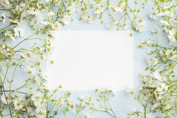 Obraz na płótnie Canvas Empty sheet of paper surrounded by small white flowers. Blank postcard on a blue background