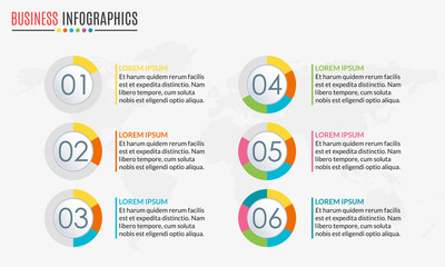 Menu template with circular diagram set or pie chart. 6 steps, options, stages or levels. Layout workflow. Modern business infographics design elements. Vector illustration.