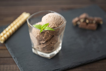 Ice cream with chocolate, nuts and chocolate chips