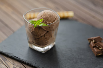Ice cream with chocolate, nuts and chocolate chips