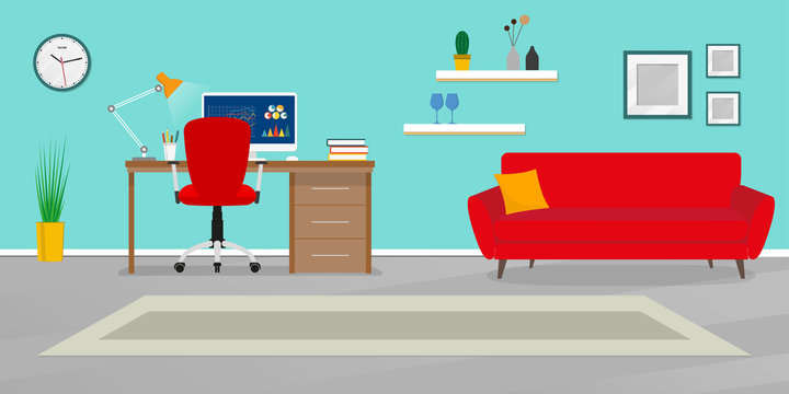 Home office interior. Workspace in room with office chair, desk, computer, sofa and clock on the wall. Modern business background. Vector illustration.