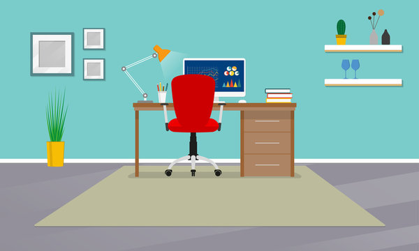 Home office interior. Workspace in room with office chair, desk and computer. Modern business background. Vector illustration.