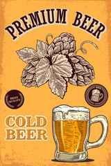 Beer poster in retro style. Beer objects on grunge background. Design element for card, flyer, banner, print, menu.