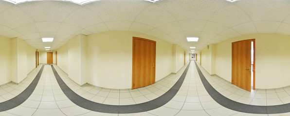 Spherical 360 degrees panorama projection, panorama in interior empty long corridor with doors and...