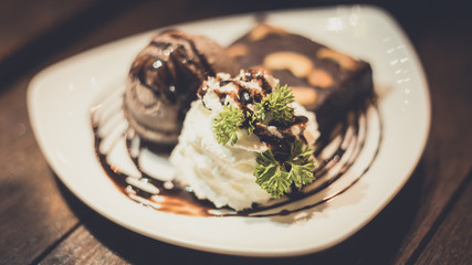 Chocolate lava on white cake  ice scream decorative on plate
