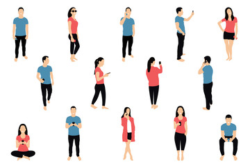 Crowd of people with smartphones. Men and women are using smartphones, texting, talking and taking selfie. Social network and messengers concept. Characters in flat isometric style