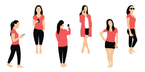Crowd of people with smartphones. Women, teens, young girls are using smartphones, texting, talking and taking selfie. Social network and messengers concept. Characters in flat isometric style