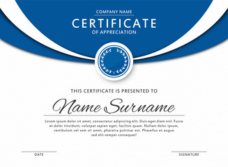 Certificate template in elegant blue color with medal and abstract borders, frames. Certificate of appreciation, award diploma design template
