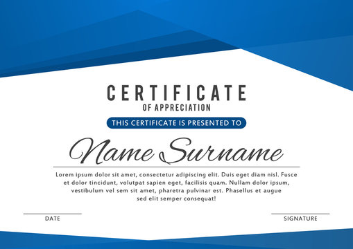 Certificate template in elegant blue color with abstract borders, frames. Certificate of appreciation, award diploma design template
