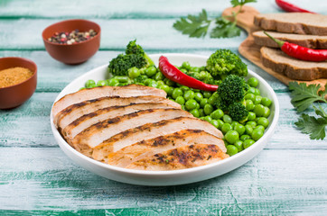 Fried chicken breast with green vegetables