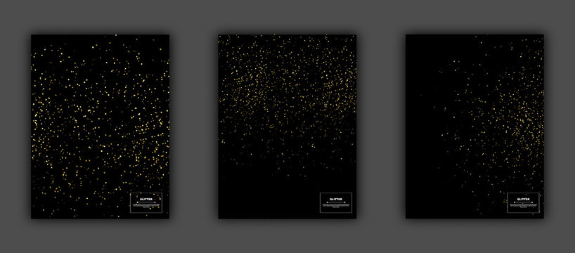 Gold glitter textures set on black background, vector illustration. Confetti particles flying in the air, explosion golden fragments party invitation concept.
