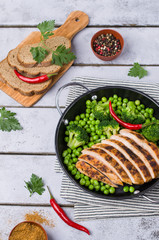 Fried chicken breast with green vegetables
