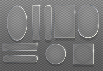 Realistic 3d transparent glass set vector illustration. Reflection frame texture glossy banner with shadow. Shiny clear mockup template.