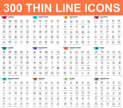 Simple set of vector thin line icons. Contains such Icons as Business, E-commerce, Travel, Vacation, Education, Learning, Medical, Healthcare, Ecology. 48x48 Pixel Perfect. Linear pictogram pack.