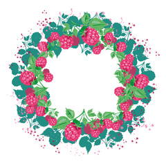 Fresh raspberries with leaves vector hand drawn round frame. Raspberry juice splash , frame isolated on white background