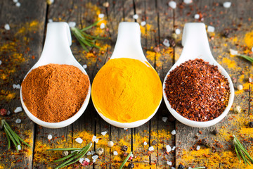 Spices. Spice in Wooden spoon. Herbs. Curry, Saffron, turmeric, cinnamon and other on a wooden...