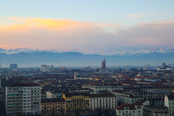 Fototapeta na wymiar View on the alps and the city from the Monte dei cappuccini in Turin.