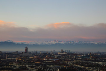 Obraz premium View on the alps and the city from the Monte dei cappuccini in Turin.