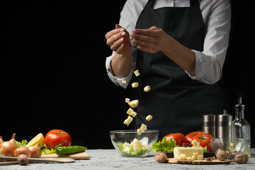 Freezer food prepare in process vegetarian salad by chef hand in home kitchen. Dark black background with Text area for design menu restaurant.Concept of healthy food, salad preparation
