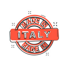Cartoon made in Italy icon in comic style. Italy manufactured illustration pictogram. Produce sign splash business concept.