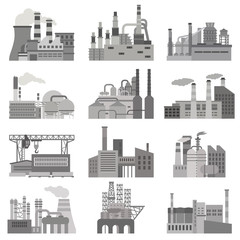 Different factories flat illustration set in black and white colors