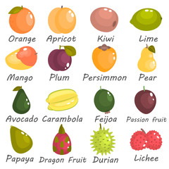 Different fruits of the world color flat icons set