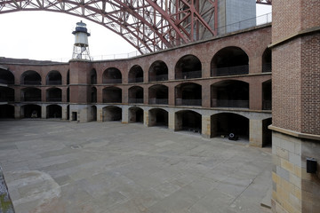 Inside view of Fort Point, a masonry seacoast fortification located at the southern side of the Golden Gate.  A view of the Fort Point arch and the octagonal structure atop the circular staircase.