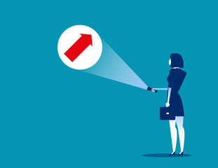Growth. Businesswoman holding flashlight uncovering hidden arrow sign. Concept business vector illustration.