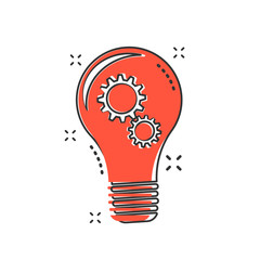 Fototapeta na wymiar Cartoon light bulb with gear icon in comic style. Bulb idea illustration pictogram. Lamp sign splash business concept.