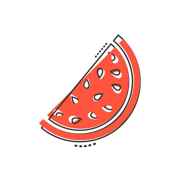 Cartoon watermelon icon in comic style. Juicy ripe fruit sign illustration pictogram. Watermelon splash business concept.