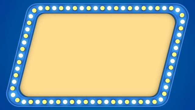 Flashing light bulbs blue vintage frame border screen sign quadrangular casino background loop