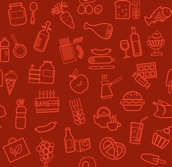 Food, seamless pattern, contour, dark red, grocery, vector. Food and drinks, production and sale. Vector background. Red line icons on the red field.  
