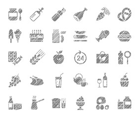 Food, single color icons, grocery store, pencil shading, vector. Food and drinks, production and sale. Gray, shaded icons on a white field. Simulation of shading. Vector clip art.  