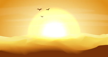 Hot yellow and orange empty desert panoramic landscape with dunes and sunset, sundown in gold yellow colors. Calm desert background, dune and hills. Game deserts scene with big sun, birds and clouds