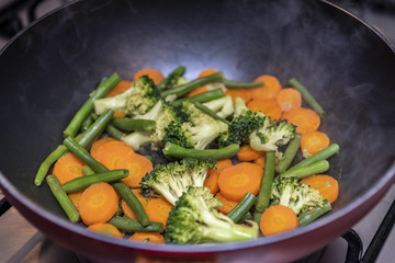 Cooking vegetables in pan closeup