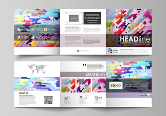 Fototapeta na wymiar Business templates for tri fold square design brochures. Leaflet cover, abstract vector layout. Bright color lines and dots, colorful minimalist backdrop, geometric shapes, minimalistic background.
