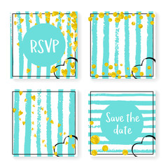 Wedding invite set with glitter confetti and stripes. Gold hearts and dots on mint and white background. Design with wedding invite set for party, event, bridal shower, save the date card.