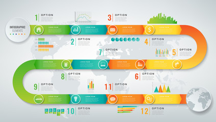 Abstract 3D infographic template with 12 options. Business presentation concept. Vector