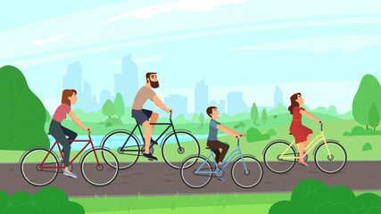 Happy young family riding on bikes at park. Parents and kids ride bicycles. Summer activities and families leisure vector illustration