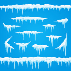 Cartoon icicles ice cap. Winter frosted snow frame for snowfall sign. Top of snowcap, snowed frames borders vector set - obrazy, fototapety, plakaty
