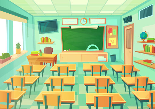 Empty cartoon classroom. School room with class chalkboard and desks. Modern mathematical classrooms interior vector illustration
