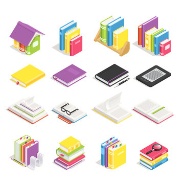 Isometric books. School textbook, book with bookmark and notebook with pen. Stack of textbooks on library bookshelf vector icon set
