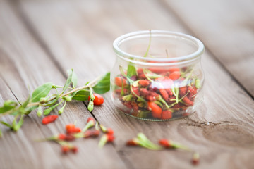 Goji fruits on wooden background

