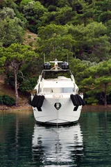 Fotobehang Modern white yacht in front. The forest on the shore in the background © Bakulov