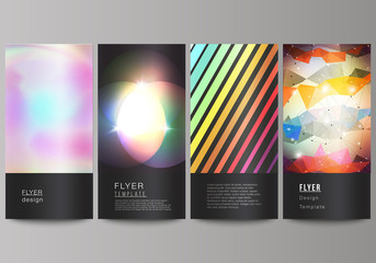 Abstract vector illustration of the editable layout of four modern vertical banners, flyers design business templates. Abstract colorful geometric backgrounds in minimalistic design to choose from
