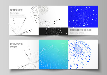 The minimal vector illustration of editable layout. Modern creative covers design templates for trifold square brochure or flyer. Geometric technology background. Abstract monochrome vortex trail.
