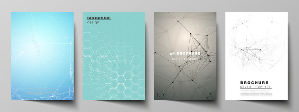 The vector layout of A4 format cover mockups design templates for brochure, flyer, report. Technology, science, medical concept. Molecule structure, connecting lines and dots. Futuristic background