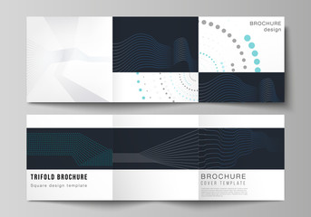 The minimal vector editable layout of two square format covers design templates with simple geometric background made from dots, circles, rectangles for trifold square brochure, flyer, magazine.